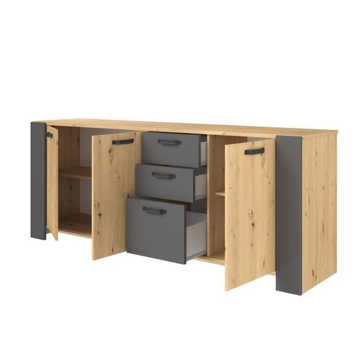 Buffet LOFT - Décor chene artisan et mélamine gris ombre - 3 portes