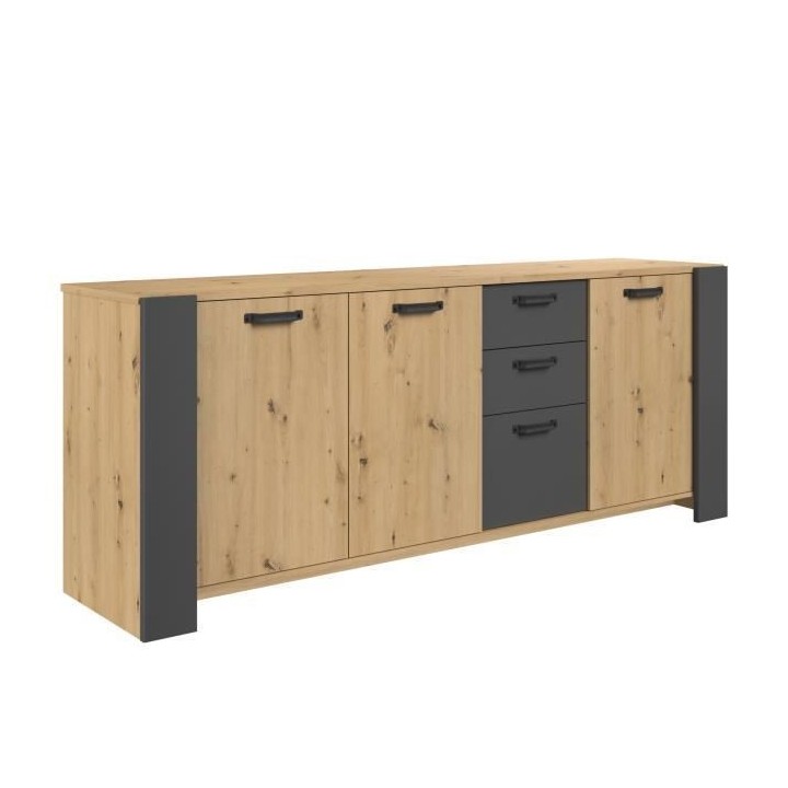 Buffet LOFT - Décor chene artisan et mélamine gris ombre - 3 portes