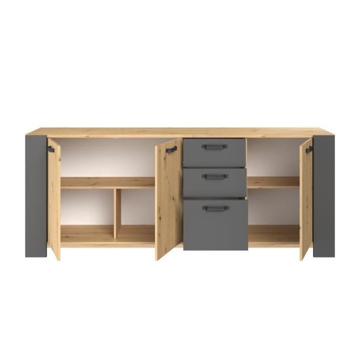 Buffet LOFT - Décor chene artisan et mélamine gris ombre - 3 portes
