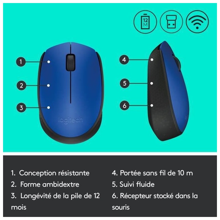 LOGITECH - Souris sans fil ambidextre M171 - Bleu