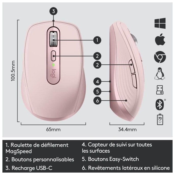 Souris sans fil - Logitech - MX Anywhere 3 - Ergonomique - Bluetooth -