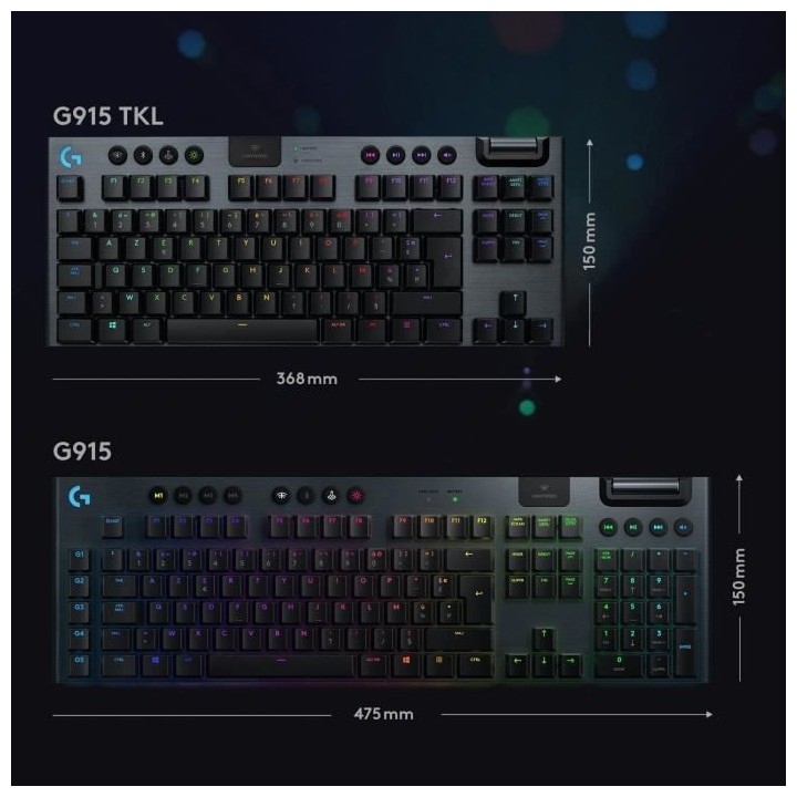 Clavier gaming mécanique Logitech G915 TKL LIGHTSPEED RVB sans fil, s