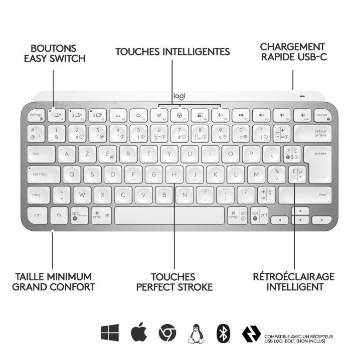 Clavier sans fil Logitech - MX Keys Mini - GRIS PALE - Compact, Bluet