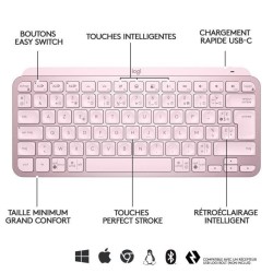 Clavier sans fil Logitech - MX Keys Mini - ROSE - Compact, Bluetooth, rétroéclairé pour MAC, iOS, Windows, Linux, Android