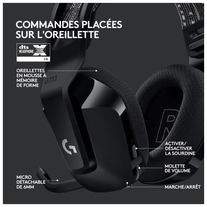Casque Gaming - Sans fil - LOGITECH G - G733 LIGHTSPEED - Noir