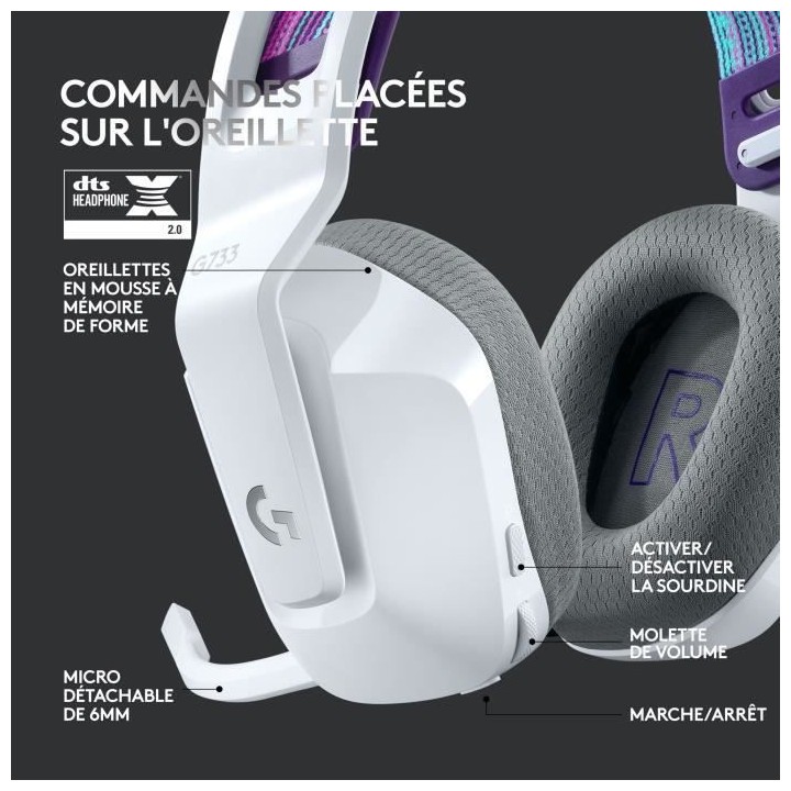 Casque Gaming - Sans fil - LOGITECH G - G733 LIGHTSPEED - Blanc