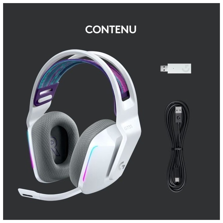 Casque Gaming - Sans fil - LOGITECH G - G733 LIGHTSPEED - Blanc