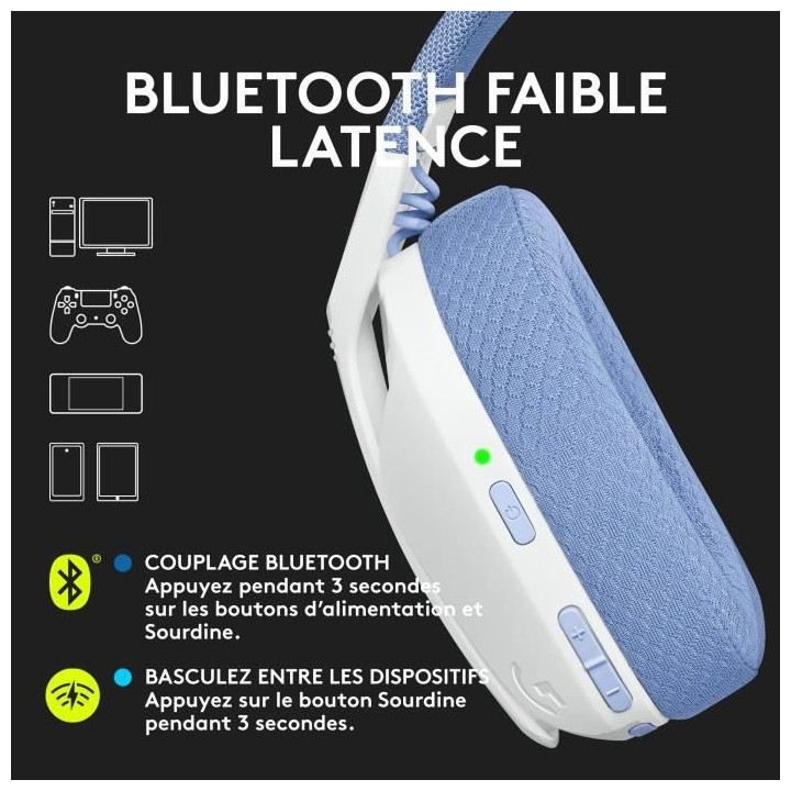 Casque gaming sans fil Logitech -G435 LIGHTSPEED - BLANC - Léger Blu