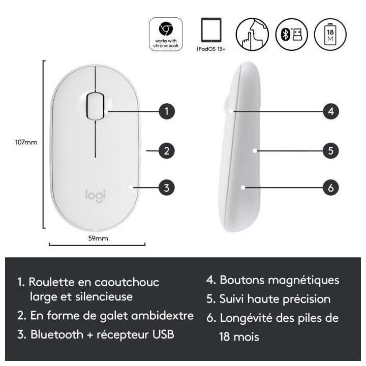 Souris sans fil - Logitech - M350 Pebble - Bluetooth silencieuse - Bla