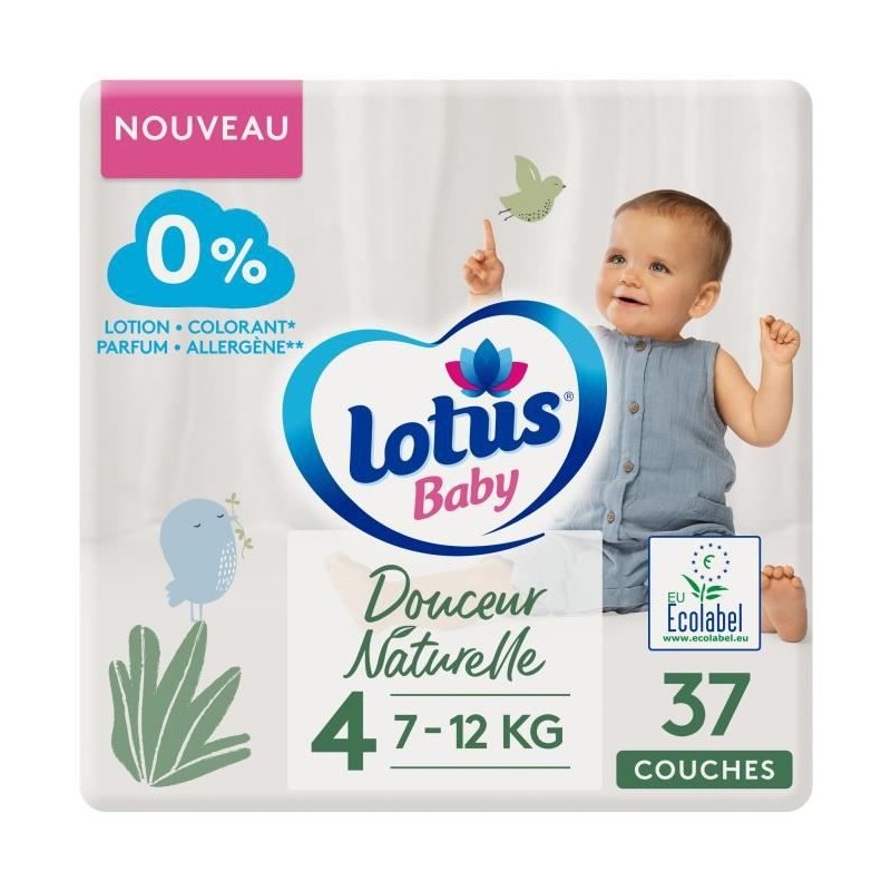 LOTUS BABY Couches Douceur Naturelle taille 4 - 7 a 12 kg - Le paquet de 37 couches