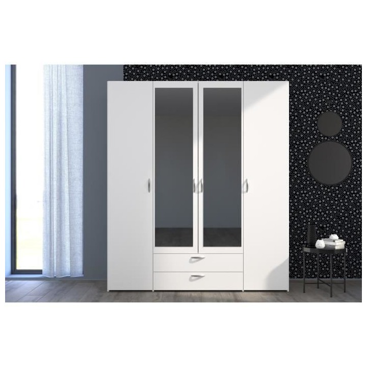 PARISOT Armoire 4 portes battantes avec 2 miroirs + 2 tiroirs - Décor