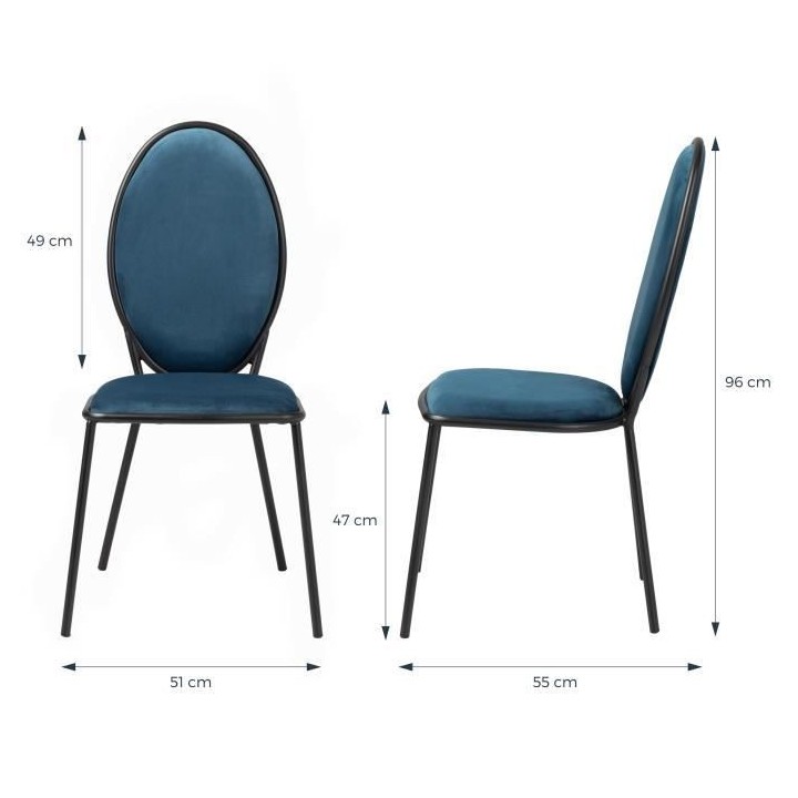 Lot de 2 Chaises - Velours Bleu - L 51 x P 96 x H 52,5 cm - LOUIS