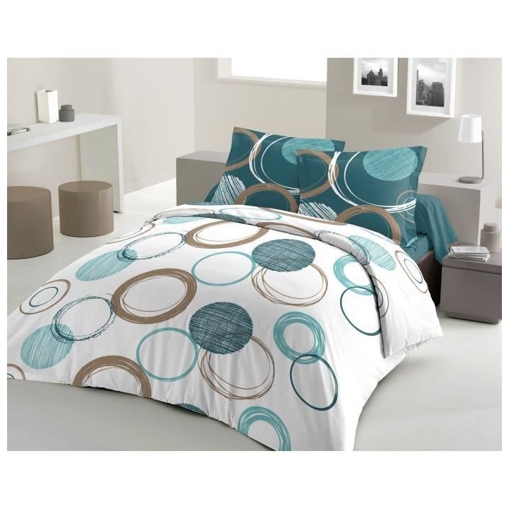 LOVELY HOME Parure de couette Coton AUDACE - Bleu Canard - 200x200 cm