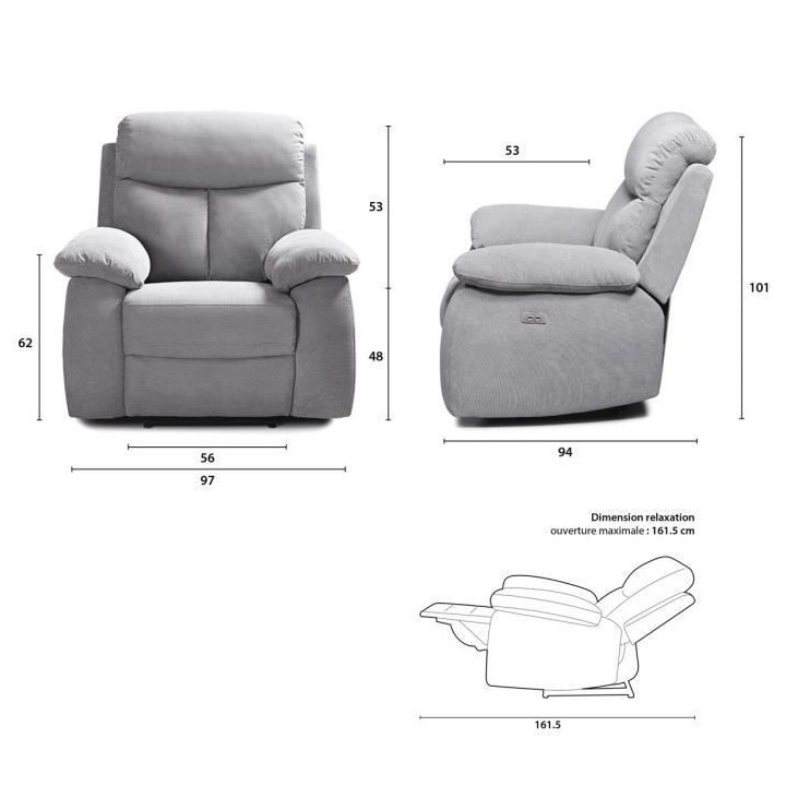 Fauteuil relax électrique - BELEM - Tissu Gris - L 97 x P 94 x H 101