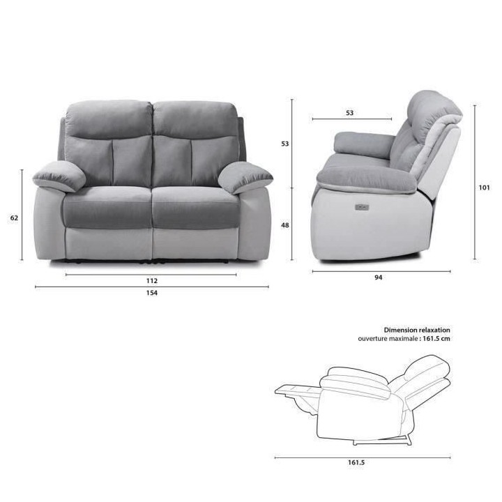 Canapé relax électrique 2 places - BELEM - Tissu Gris clair et Gris