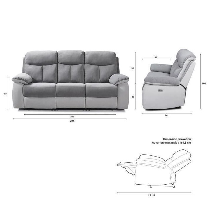 Canapé relax électrique 3 places - BELEM - Tissu Gris clair et Gris