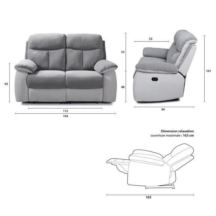 Canapé relax manuel 2 places - BELEM - Tissu Gris clair et Gris fonc