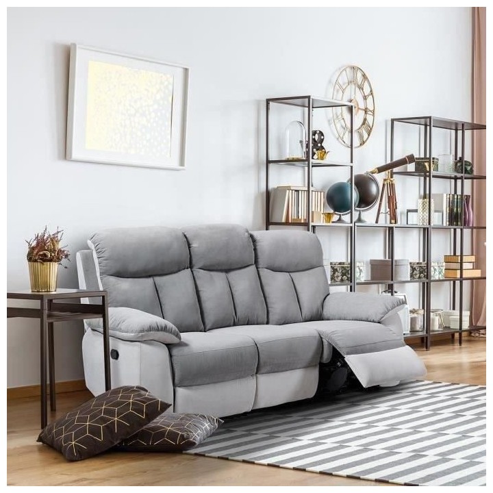 Canapé 3 places relaxation manuelle - Tissu Gris clair et Gris foncé