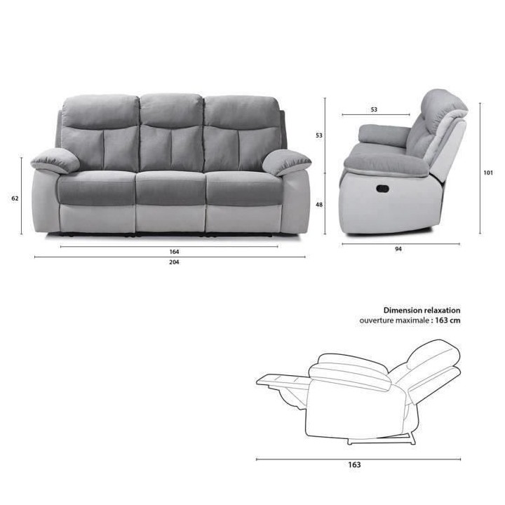 Canapé 3 places relaxation manuelle - Tissu Gris clair et Gris foncé