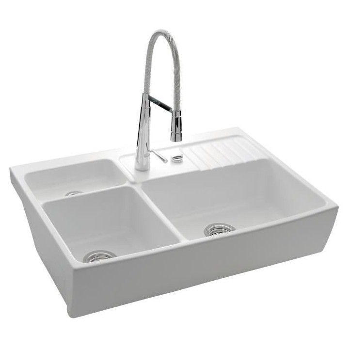 EWI Evier cuisine a poser timbre d'office 2 bacs + 1/2 bac - Céramiqu