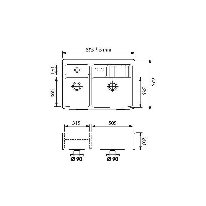 EWI Evier cuisine a poser timbre d'office 2 bacs + 1/2 bac - Céramiqu