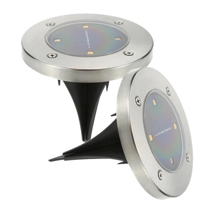 LUMI JARDIN Lot de 2 spots solaires Decky ronds inox - Encastrable ou