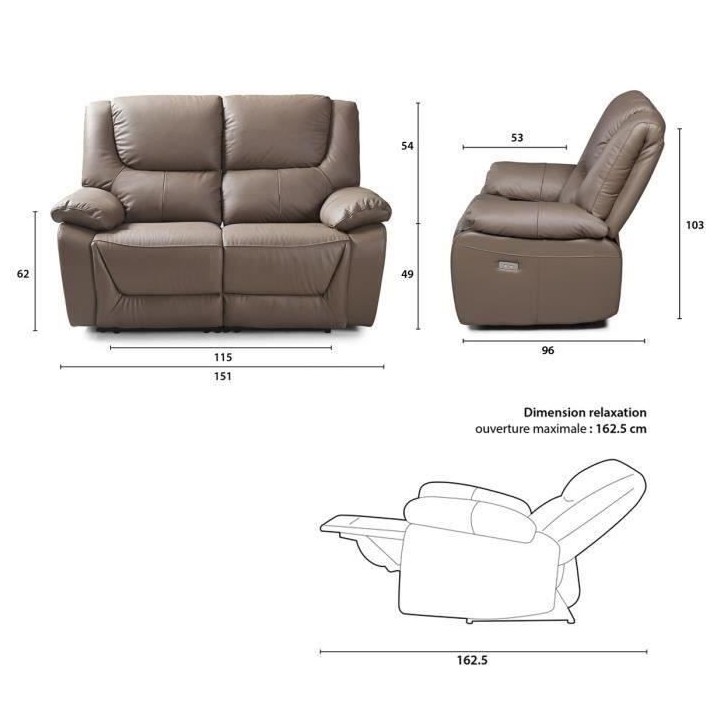 Canapé relax électrique - 2 places - SALVADOR - Cuir de buffle - Mar