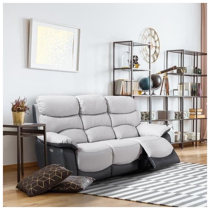 Canapé 3 places relaxation électrique - Simili Gris clair et Gris fo