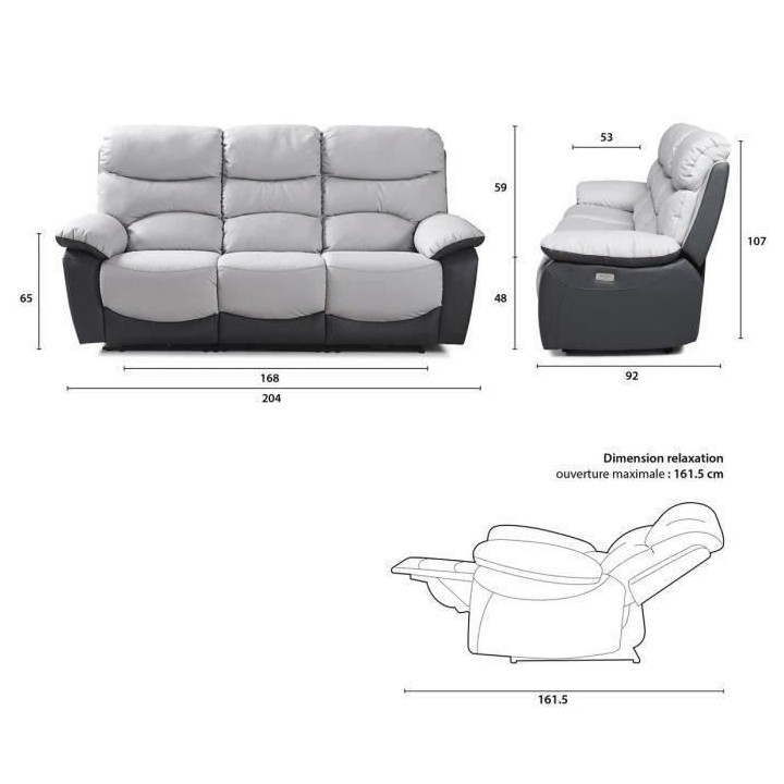 Canapé 3 places relaxation électrique - Simili Gris clair et Gris fo