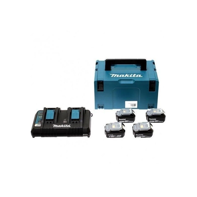 MAKITA Pack energie 18 V Li-ion - 4 batteries (4Ah) + 1 chargeur double en coffret Makpac - 197503-4