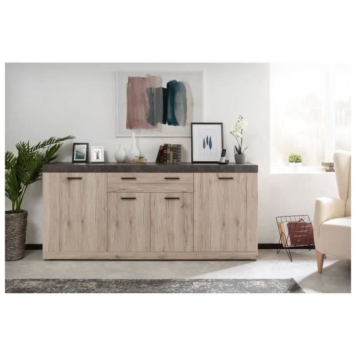 Buffet - Décor Chene Sorrento et béton - Contemporain - 4 portes - M