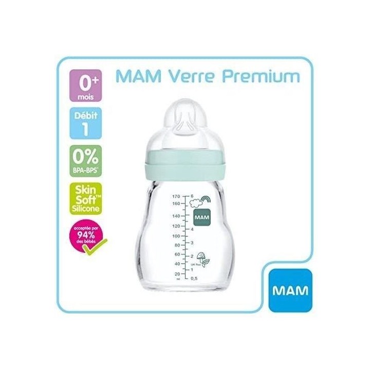 MAM Biberon Verre - 170ml - Bleu - Tétine Débit 1