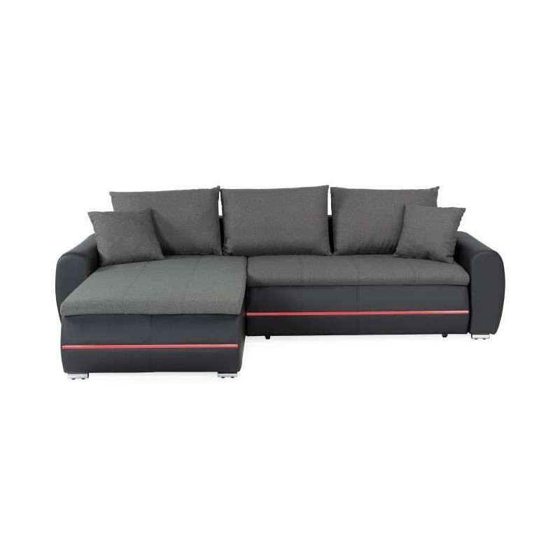 Canapé d'angle gauche convertible - 4 places - Simili noir et tissu gris - L 271 x P 179 x H 87 cm - MARIO - Avec éclairage LE