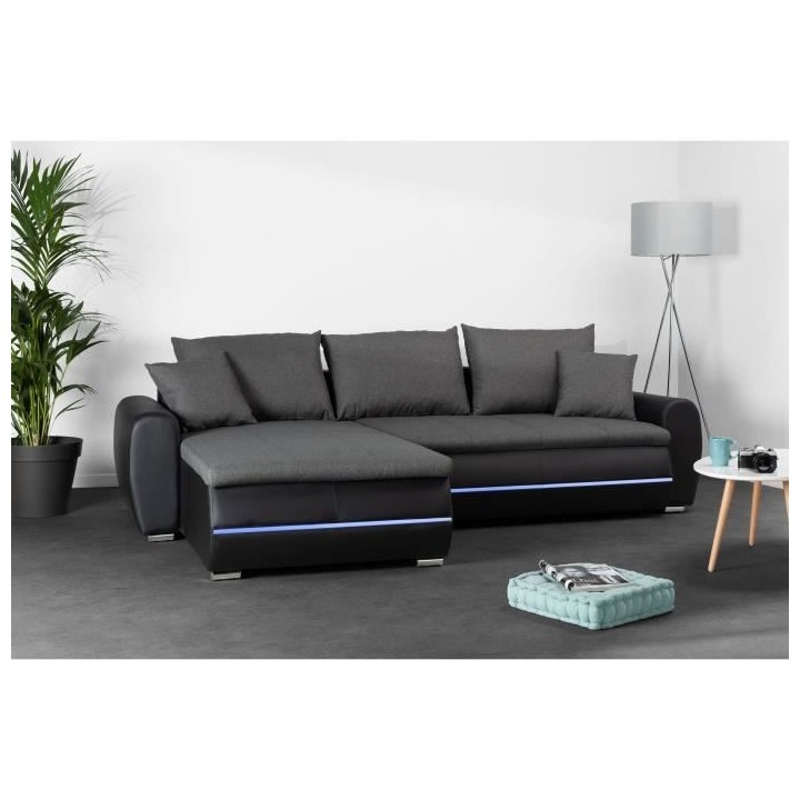Canapé d'angle gauche convertible - 4 places - Simili noir et tissu g