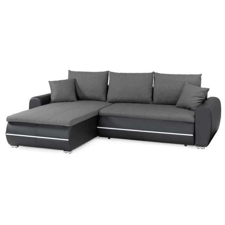 Canapé d'angle gauche convertible - 4 places - Simili noir et tissu g