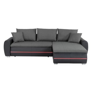 Canapé d'angle droit convertible 4 places - Simili noir et tissu gris