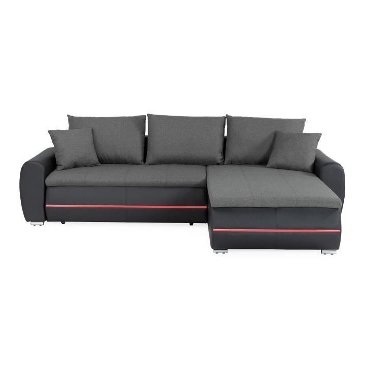 Canapé d'angle droit convertible 4 places - Simili noir et tissu gris