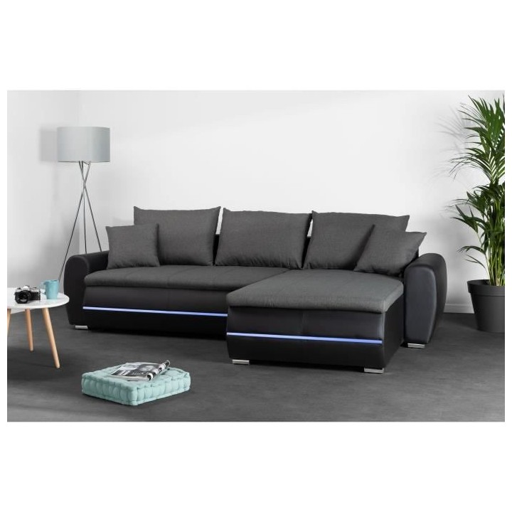 Canapé d'angle droit convertible 4 places - Simili noir et tissu gris