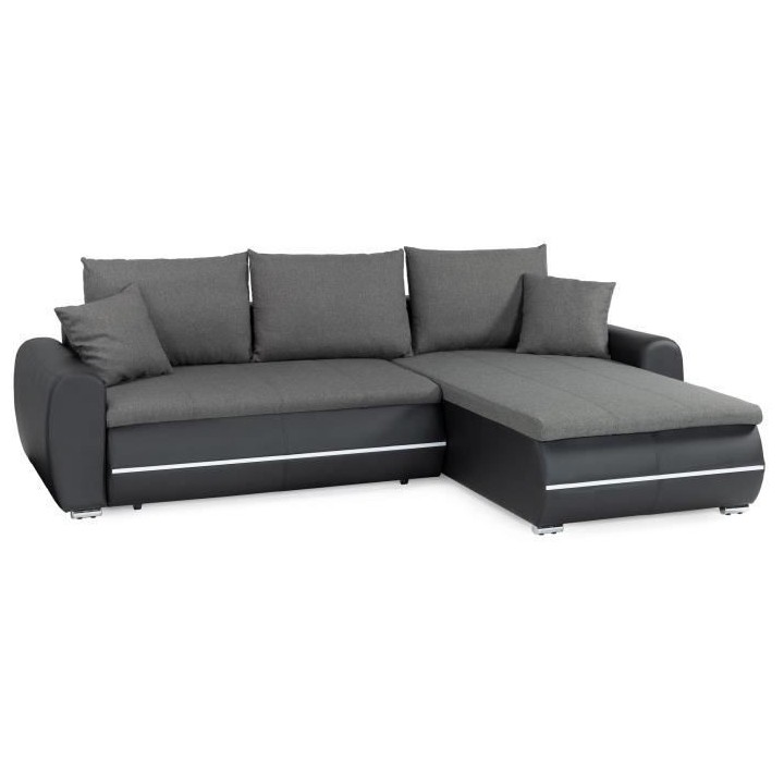 Canapé d'angle droit convertible 4 places - Simili noir et tissu gris