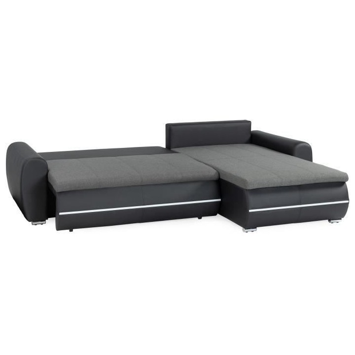 Canapé d'angle droit convertible 4 places - Simili noir et tissu gris