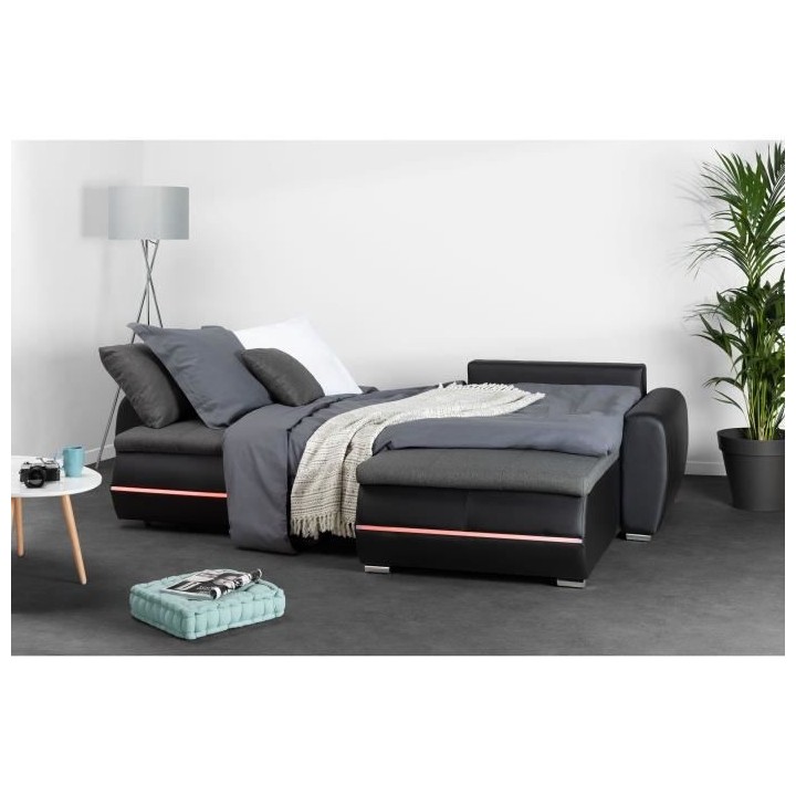 Canapé d'angle droit convertible 4 places - Simili noir et tissu gris