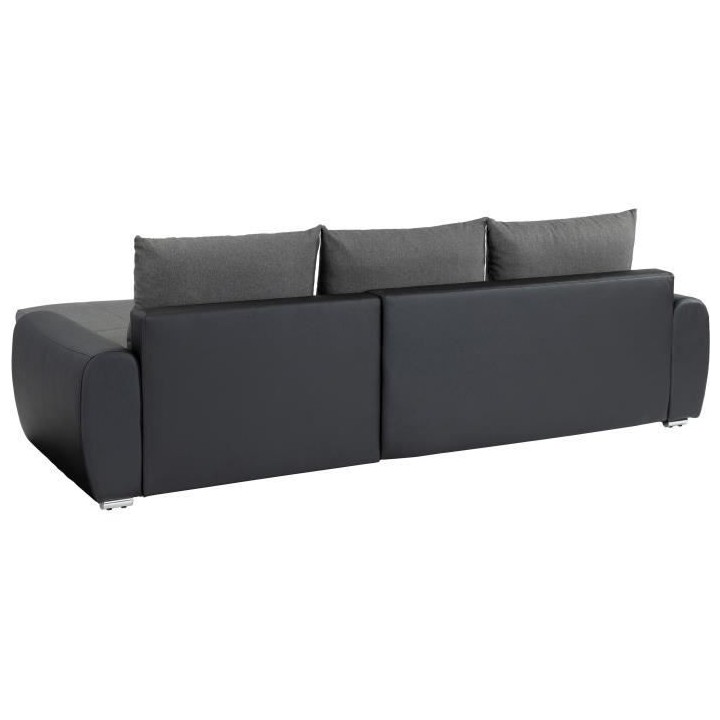 Canapé d'angle droit convertible 4 places - Simili noir et tissu gris