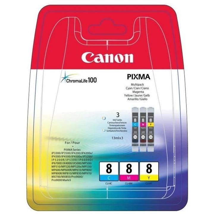 CANON Pack de 3 cartouches d'encre CLI-8 Cyan/Magenta/Jaune