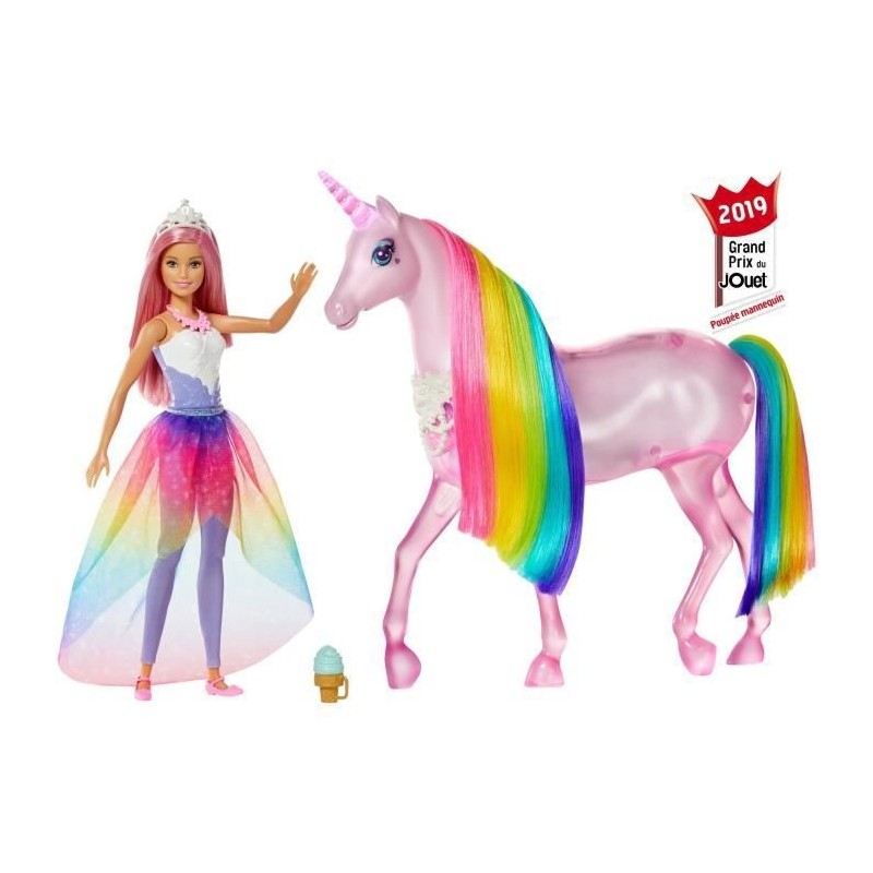 Barbie - Dreamtopia Barbie et sa Licorne Lumieres Magiques - 32 cm - Poupée Mannequin - Des 3 ans