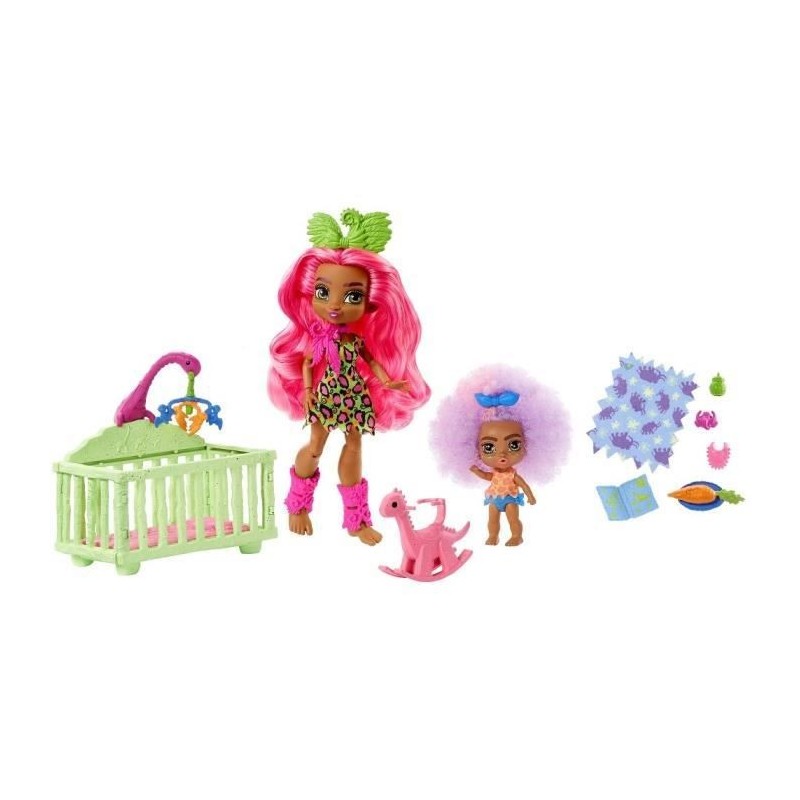 CAVE CLUB Coffret Histoire des Cavernes Baby-sitting Poupée Fernessa 20 cm et Bébé des Cavernes Furrah