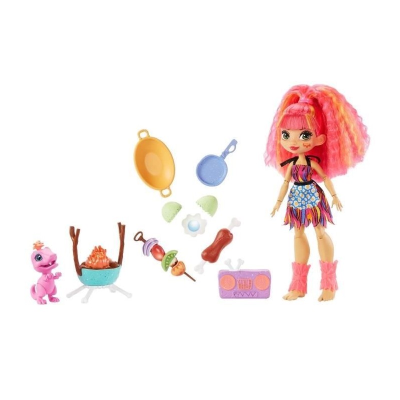 CAVE CLUB Coffret Histoire des Cavernes Poupée Emberly 20 cm et son dinosaure de compagnie Flaire