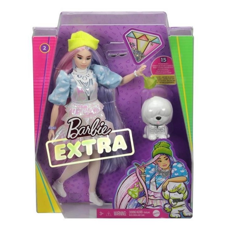 Barbie - Barbie Extra Bonnet Vert Cheveux Longs Mauve et Rose - Poupé