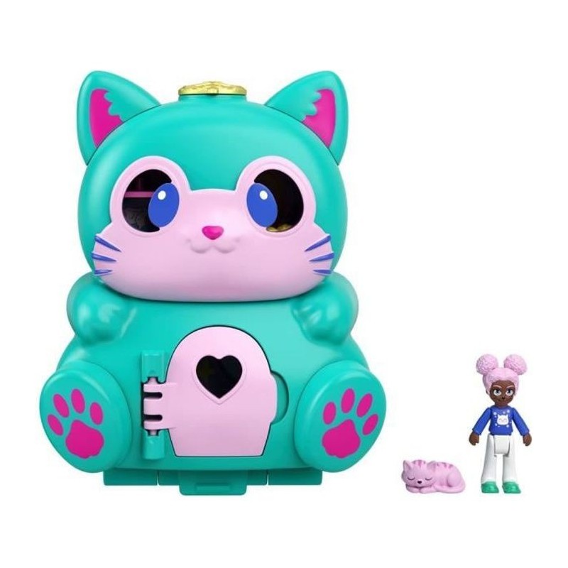 Polly Pocket - Coffret transformable Chat, avec mini-poupée, figurine de chat et surprises - Mini-Poupée - Des 4 ans