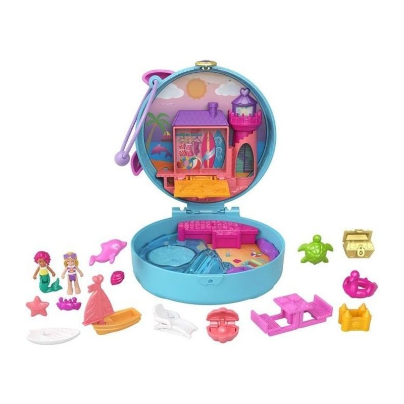 Polly Pocket - Coffret la plage du dauphin, avec Polly et sirene, 5 surprises et 13 accessoires - Mini-poupée - Des 4 ans