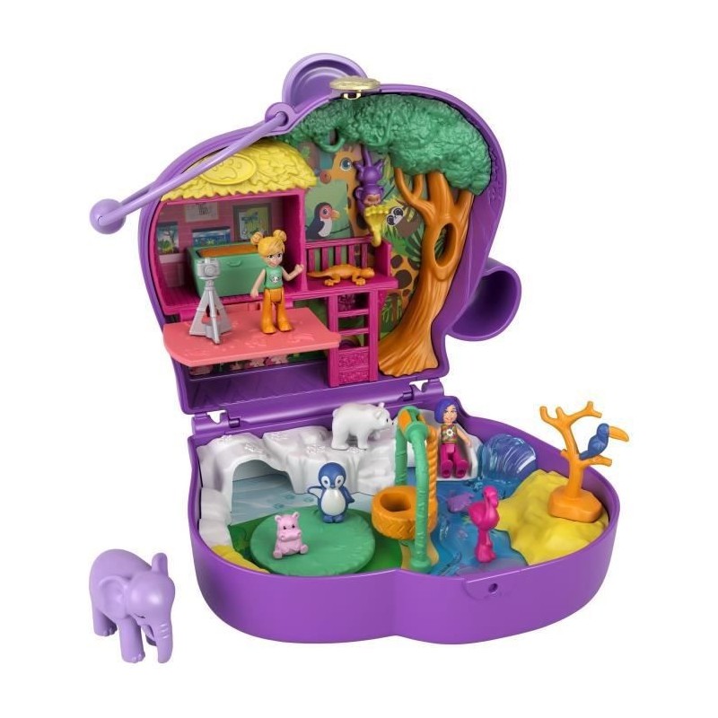 Polly Pocket - Coffret Zoo Eléphant, avec Mini-Poupées Polly et Bella, 5 Surprises, 13 Accessoires - Mini-Poupée - Des 4 an